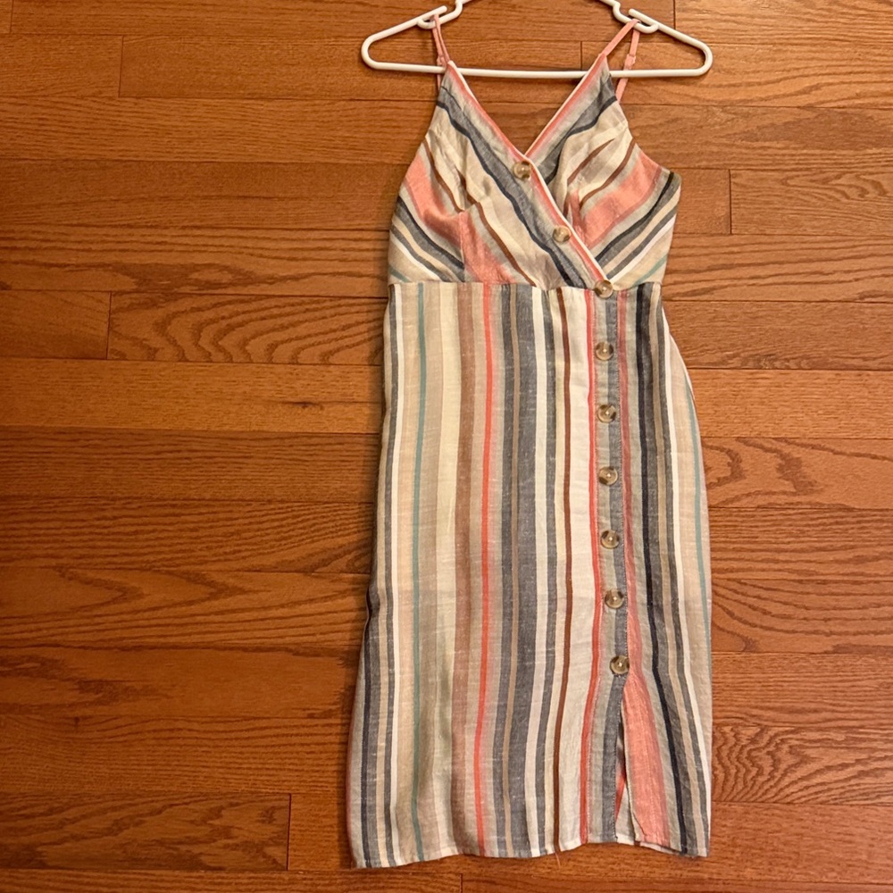 Express XS Linen Blend Striped Midi Dress in Blue, Coral, Cream and Tan - Picture 6 of 10